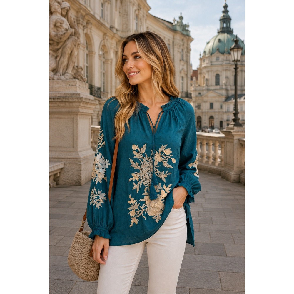 Solitaire Teal Swiss Dot Embroidered Peasant Blouse Boho Tassel Tunic Top Small